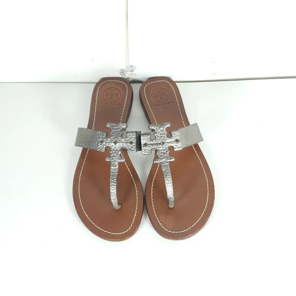 Tory Burch Women's Moore US 7M Metalic Pewter Leather SlipOn Flat Thong Sandals